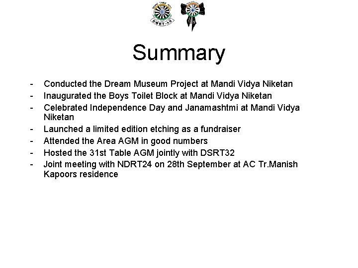 Summary - Conducted the Dream Museum Project at Mandi Vidya Niketan Inaugurated the Boys