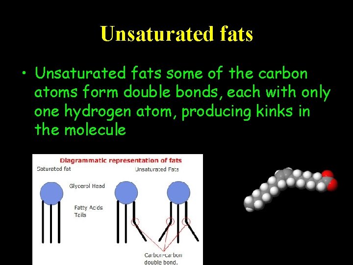 Unsaturated fats • Unsaturated fats some of the carbon atoms form double bonds, each