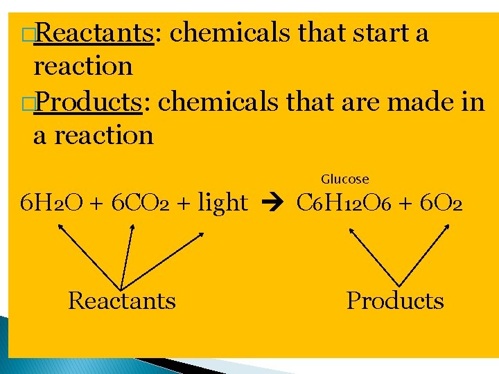 �Reactants: chemicals that start a reaction �Products: chemicals that are made in a reaction