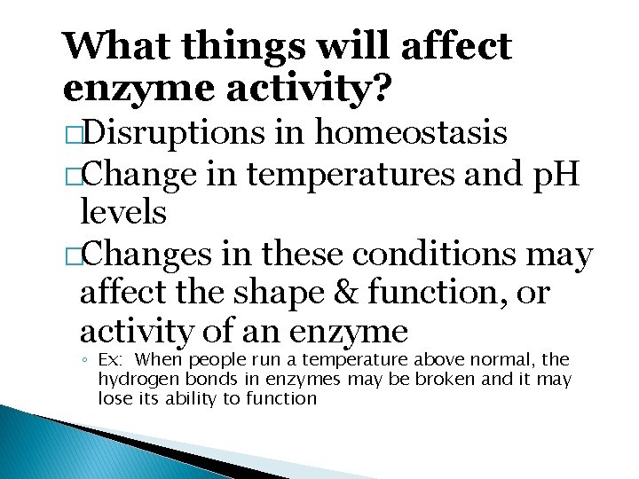 What things will affect enzyme activity? �Disruptions in homeostasis �Change in temperatures and p.