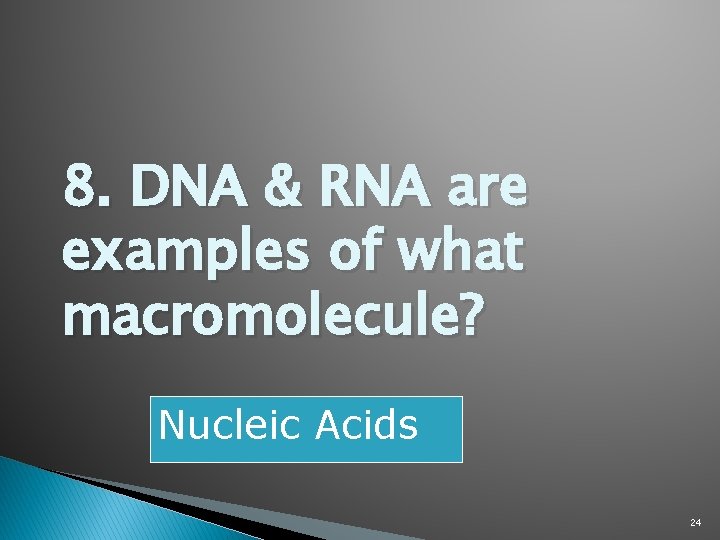 8. DNA & RNA are examples of what macromolecule? Nucleic Acids 24 