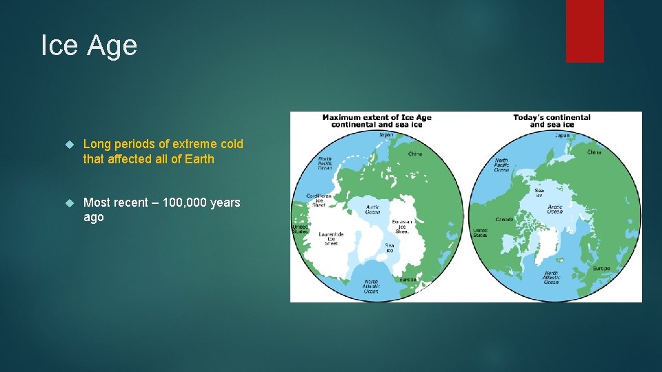 Ice Age Long periods of extreme cold that affected all of Earth Most recent
