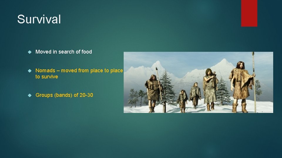 Survival Moved in search of food Nomads – moved from place to survive Groups