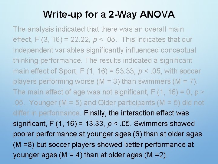Write-up for a 2 -Way ANOVA The analysis indicated that there was an overall