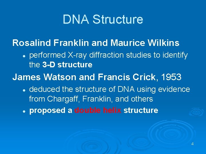 DNA Structure Rosalind Franklin and Maurice Wilkins l performed X-ray diffraction studies to identify