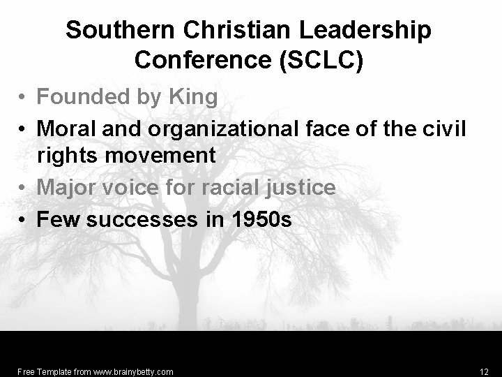 Southern Christian Leadership Conference (SCLC) • Founded by King • Moral and organizational face