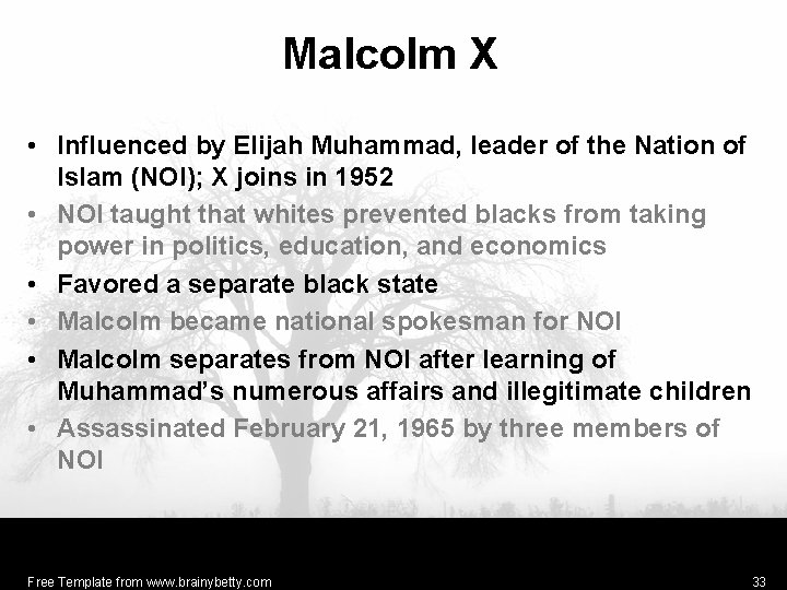 Malcolm X • Influenced by Elijah Muhammad, leader of the Nation of Islam (NOI);