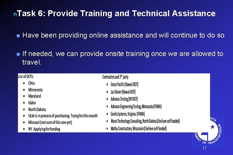 n. Task 6: Provide Training and Technical Assistance n Have been providing online assistance