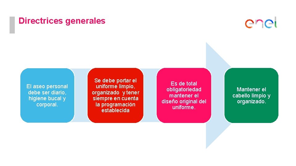 Directrices generales El aseo personal debe ser diario, higiene bucal y corporal. Se debe