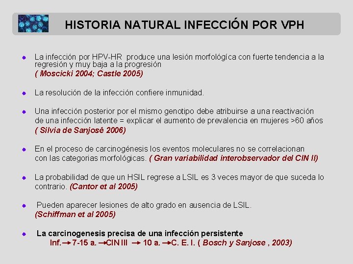 HISTORIA NATURAL INFECCIÓN POR VPH ® La infección por HPV-HR produce una lesión morfológíca