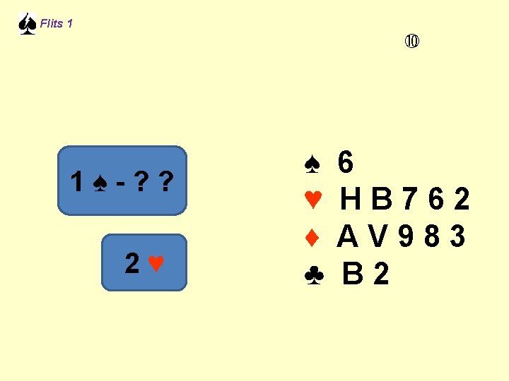 Flits 1 1♠-? ? 2♥ ♠ ♥ ♦ ♣ 6 HB 762 AV 983