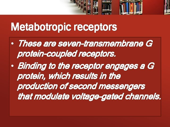 Metabotropic receptors • These are seven-transmembrane G protein-coupled receptors. • Binding to the receptor