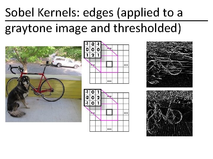 Sobel Kernels: edges (applied to a graytone image and thresholded) 