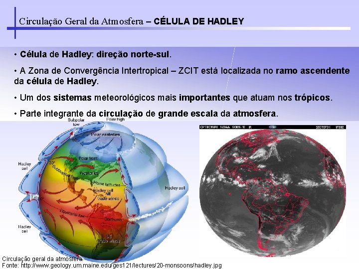 Circulação Geral da Atmosfera – CÉLULA DE HADLEY • Célula de Hadley: direção norte-sul.