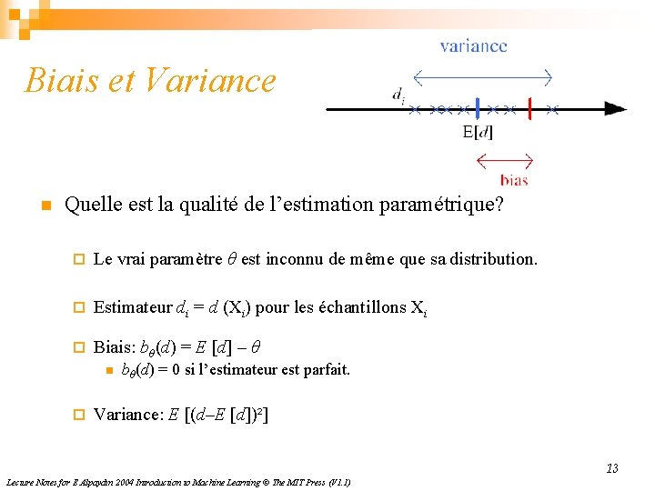 Biais et Variance n Quelle est la qualité de l’estimation paramétrique? ¨ Le vrai