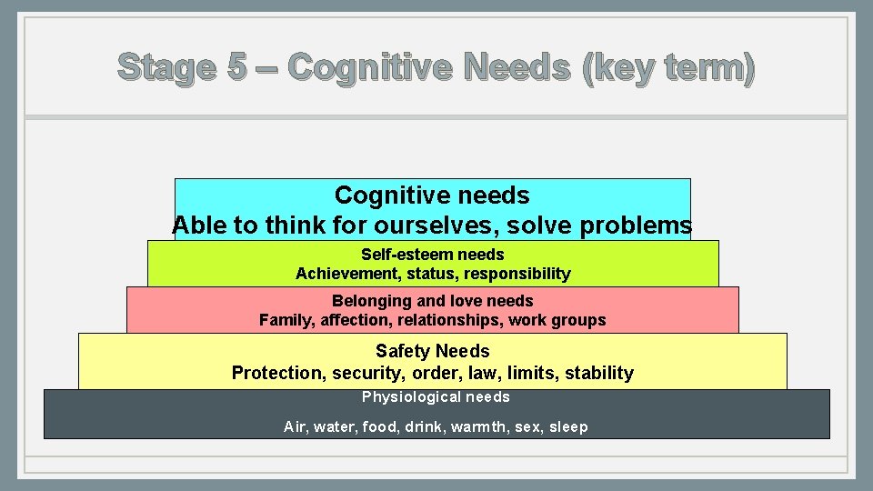 Stage 5 – Cognitive Needs (key term) Cognitive needs Able to think for ourselves,