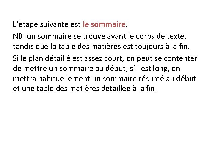 L’étape suivante est le sommaire. NB: un sommaire se trouve avant le corps de