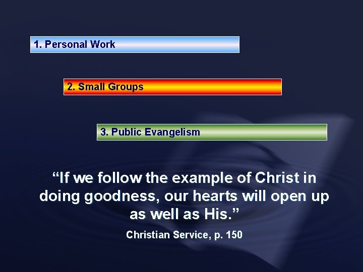 1. Personal Work 2. Small Groups 3. Public Evangelism “If we follow the example