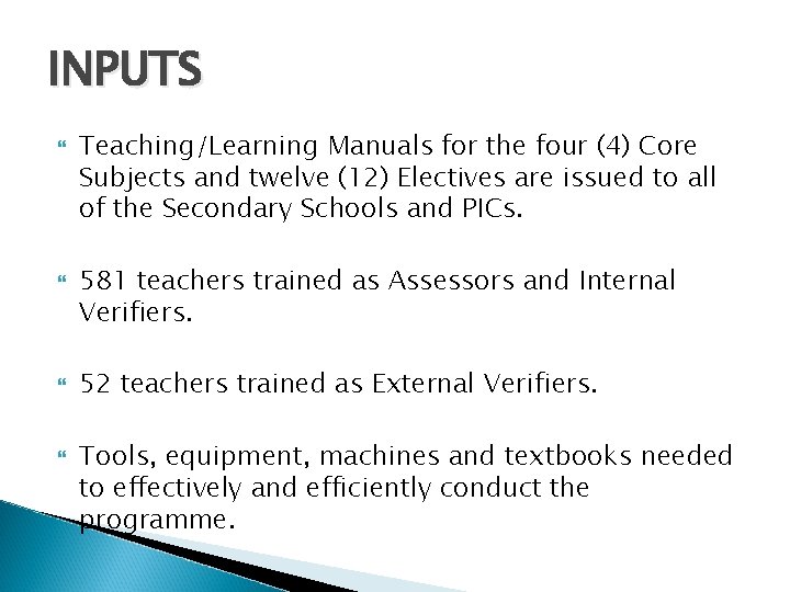INPUTS Teaching/Learning Manuals for the four (4) Core Subjects and twelve (12) Electives are