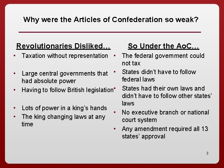 Why were the Articles of Confederation so weak? Revolutionaries Disliked… So Under the Ao.