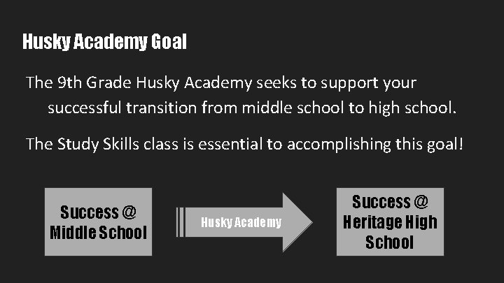 Husky Academy Goal The 9 th Grade Husky Academy seeks to support your successful