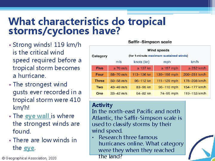 What characteristics do tropical storms/cyclones have? • Strong winds! 119 km/h is the critical