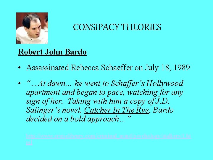 CONSIPACY THEORIES Robert John Bardo • Assassinated Rebecca Schaeffer on July 18, 1989 •