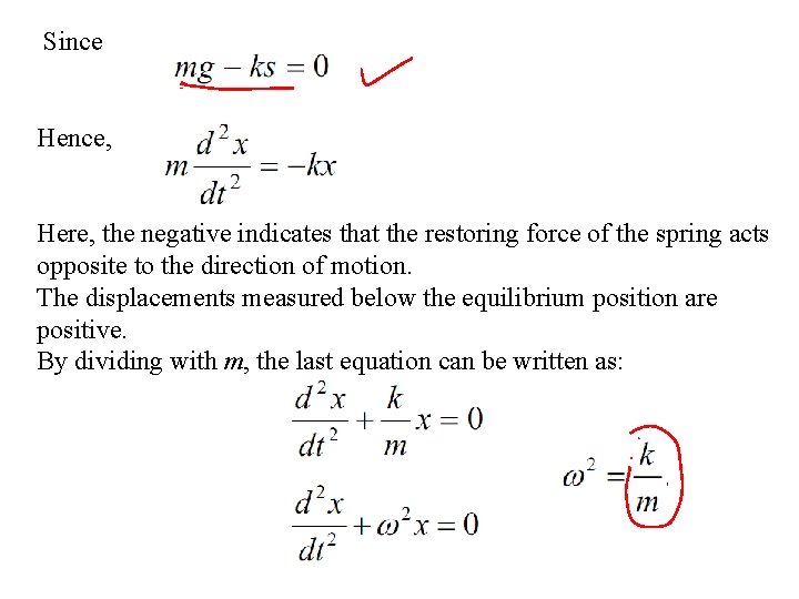 Since Hence, Here, the negative indicates that the restoring force of the spring acts