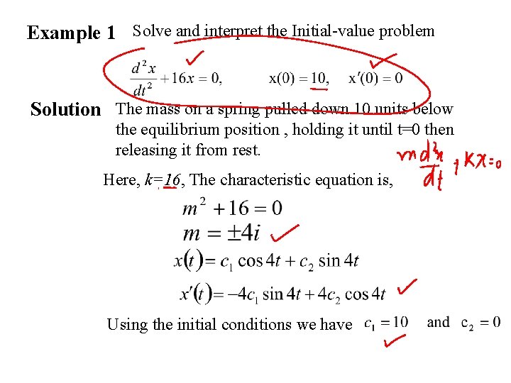 Example 1 Solve and interpret the Initial-value problem Solution The mass on a spring