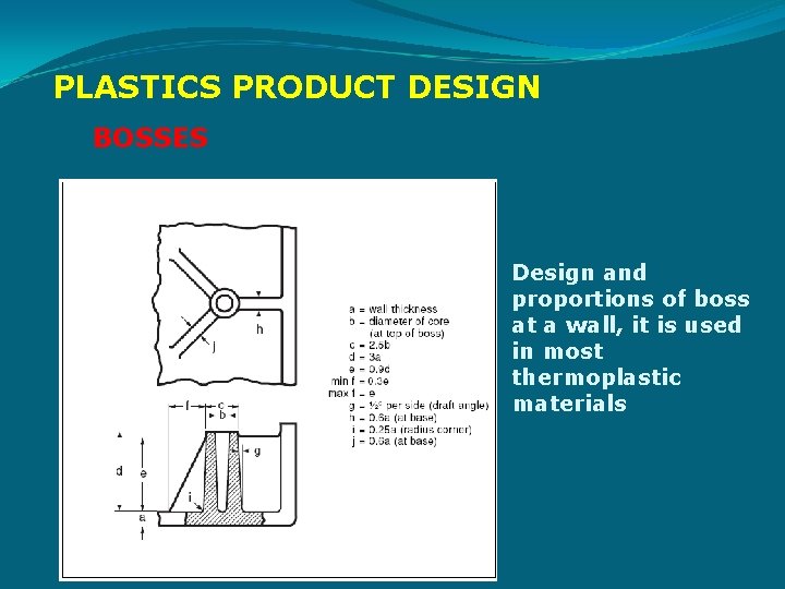 PLASTICS PRODUCT DESIGN BOSSES Design and proportions of boss at a wall, it is
