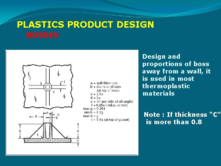 PLASTICS PRODUCT DESIGN BOSSES Design and proportions of boss away from a wall, it