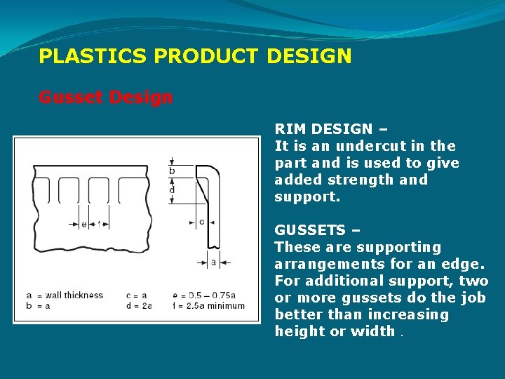 PLASTICS PRODUCT DESIGN Gusset Design RIM DESIGN – It is an undercut in the