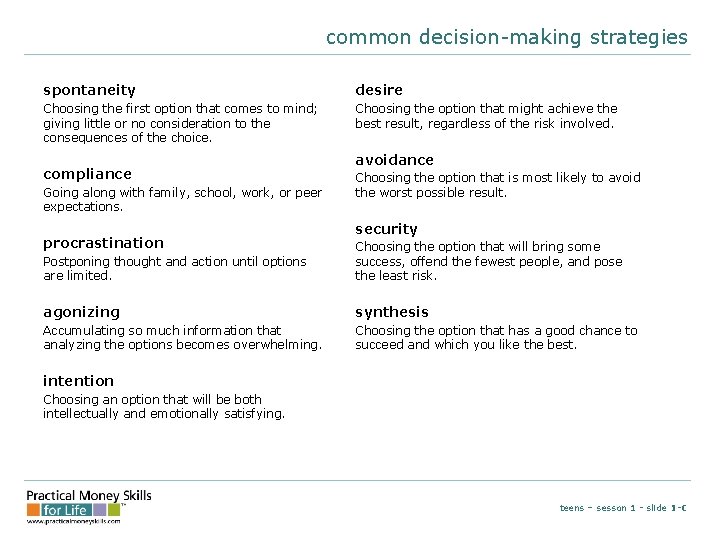 common decision-making strategies spontaneity desire Choosing the first option that comes to mind; giving