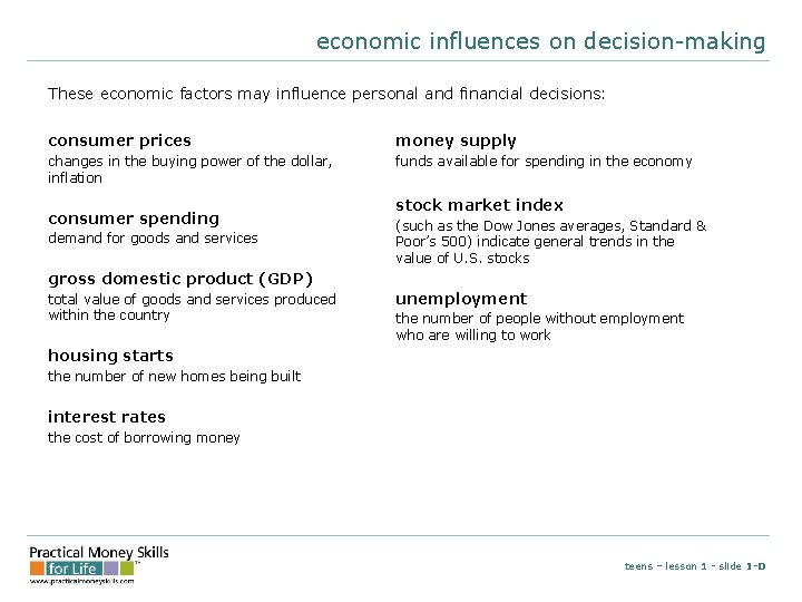 economic influences on decision-making These economic factors may influence personal and financial decisions: consumer