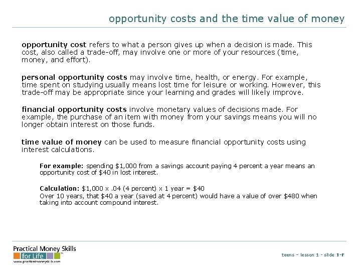 opportunity costs and the time value of money opportunity cost refers to what a