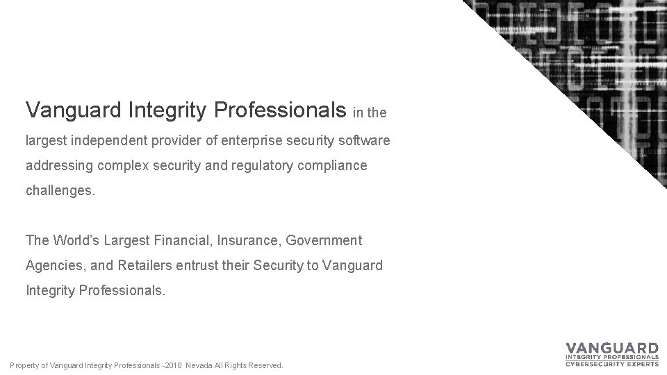 Vanguard Integrity Professionals in the largest independent provider of enterprise security software addressing complex