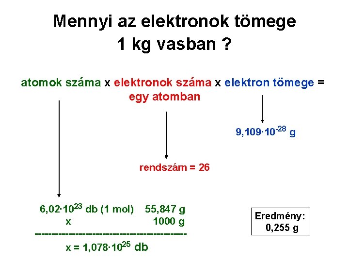 Mennyi az elektronok tömege 1 kg vasban ? atomok száma x elektron tömege =