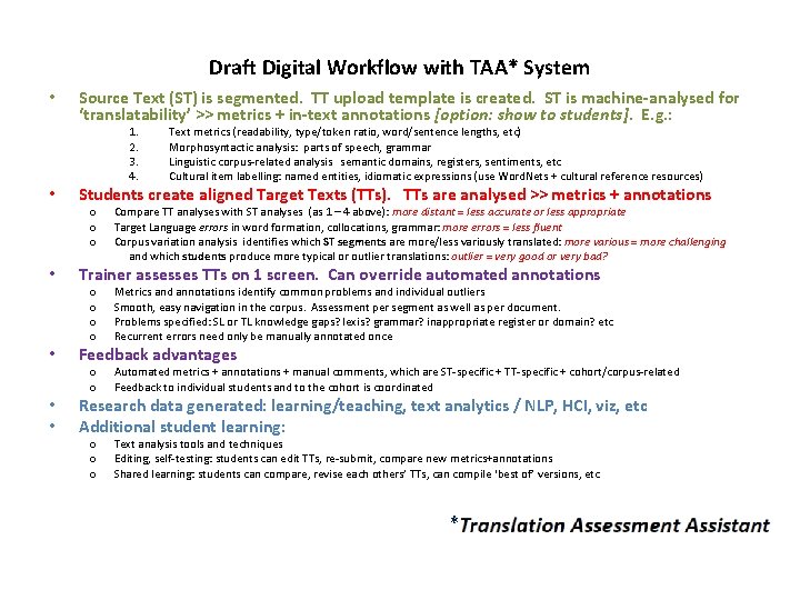 Draft Digital Workflow with TAA* System • Source Text (ST) is segmented. TT upload