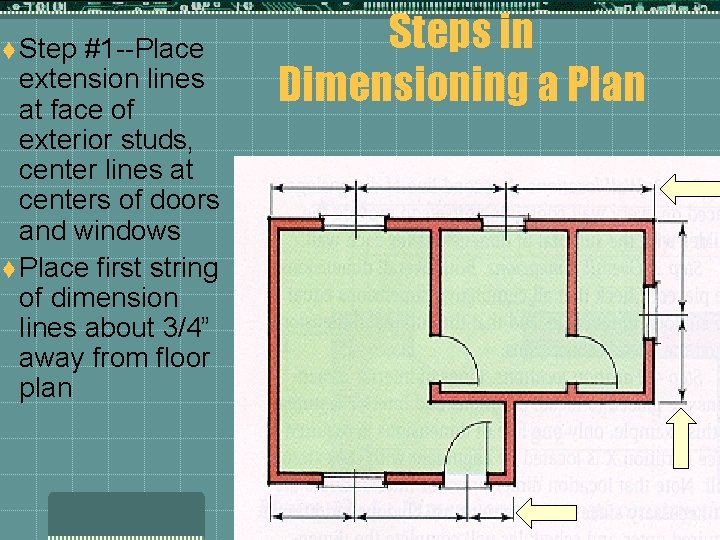 t Step #1 --Place extension lines at face of exterior studs, center lines at t Step #1 --Place extension lines at face of exterior studs, center lines at