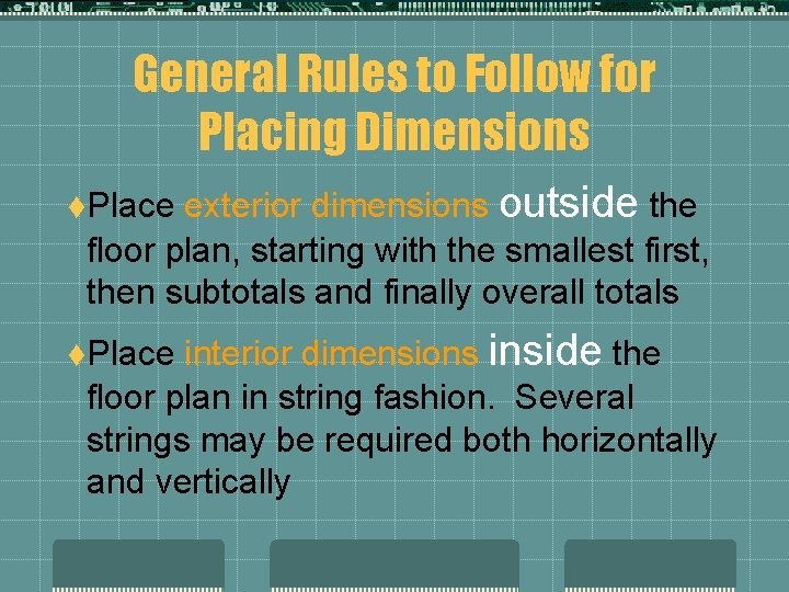 General Rules to Follow for Placing Dimensions exterior dimensions outside the floor plan, starting General Rules to Follow for Placing Dimensions exterior dimensions outside the floor plan, starting