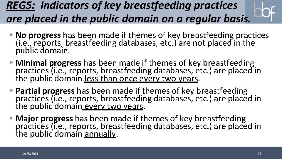 REG 5: Indicators of key breastfeeding practices are placed in the public domain on