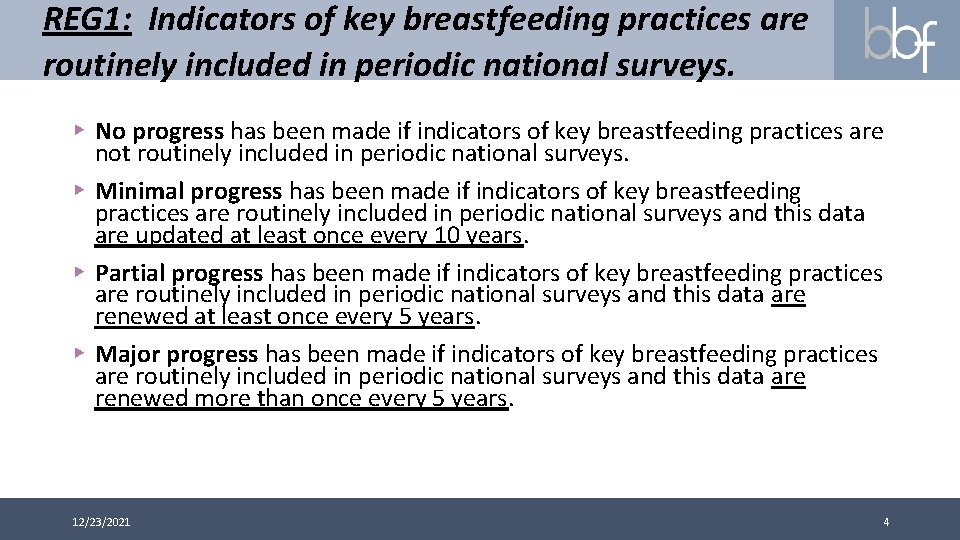 REG 1: Indicators of key breastfeeding practices are routinely included in periodic national surveys.