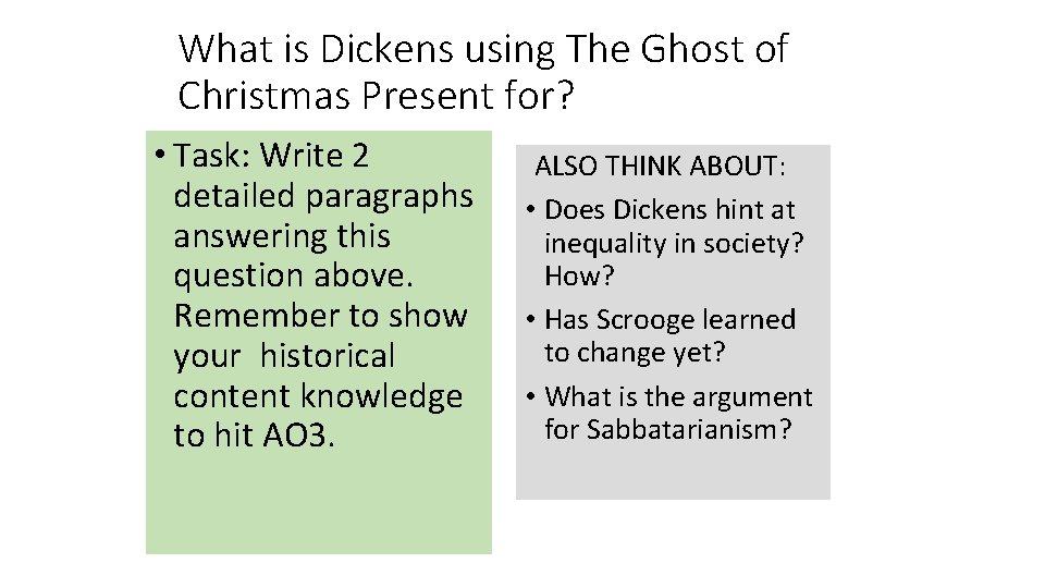 What is Dickens using The Ghost of Christmas Present for? • Task: Write 2