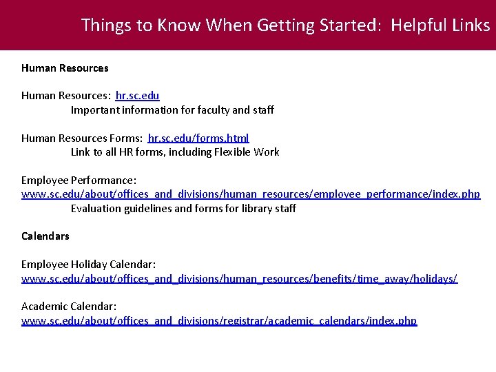 Things to Know When Getting Started: Helpful Links Human Resources: hr. sc. edu Important