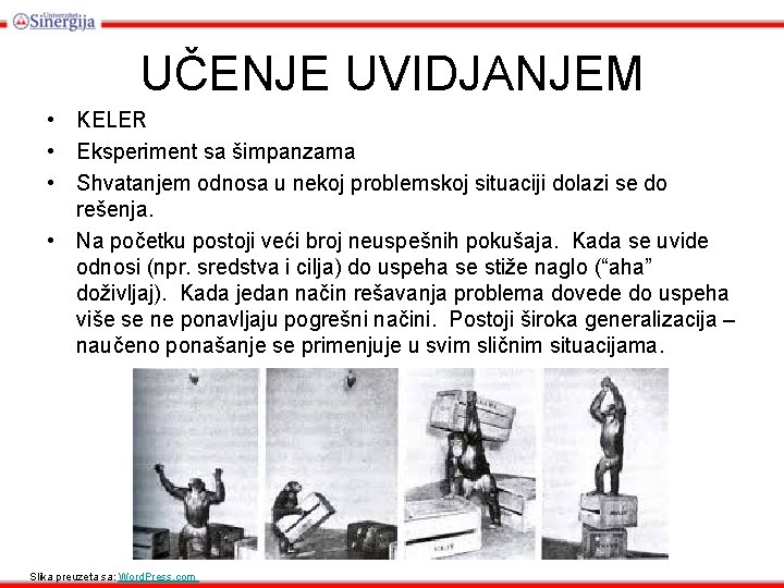 UČENJE UVIDJANJEM • KELER • Eksperiment sa šimpanzama • Shvatanjem odnosa u nekoj problemskoj