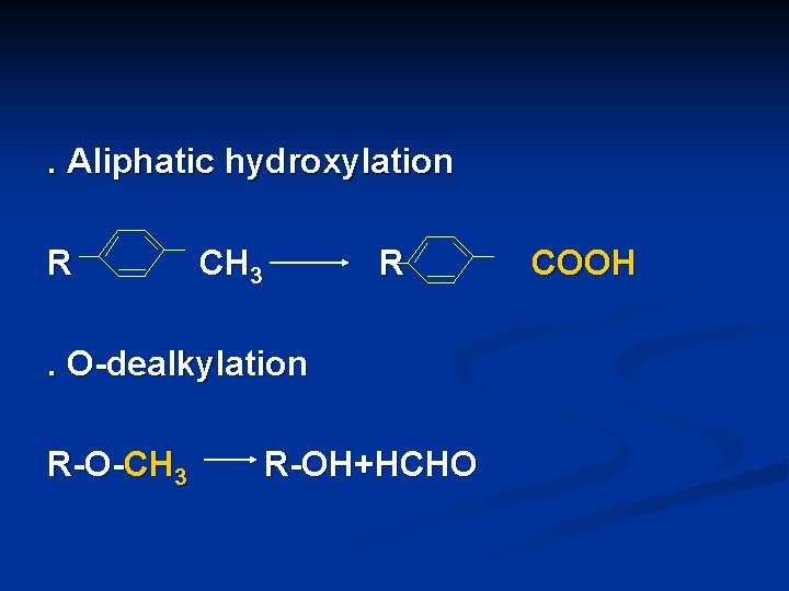. Aliphatic hydroxylation R CH 3 R . O-dealkylation R-O-CH 3 R-OH+HCHO COOH 