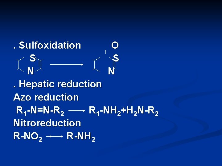 . Sulfoxidation O S S N N. Hepatic reduction Azo reduction R 1 -N=N-R