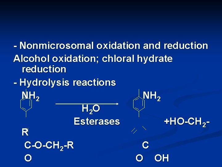 - Nonmicrosomal oxidation and reduction Alcohol oxidation; chloral hydrate reduction - Hydrolysis reactions NH