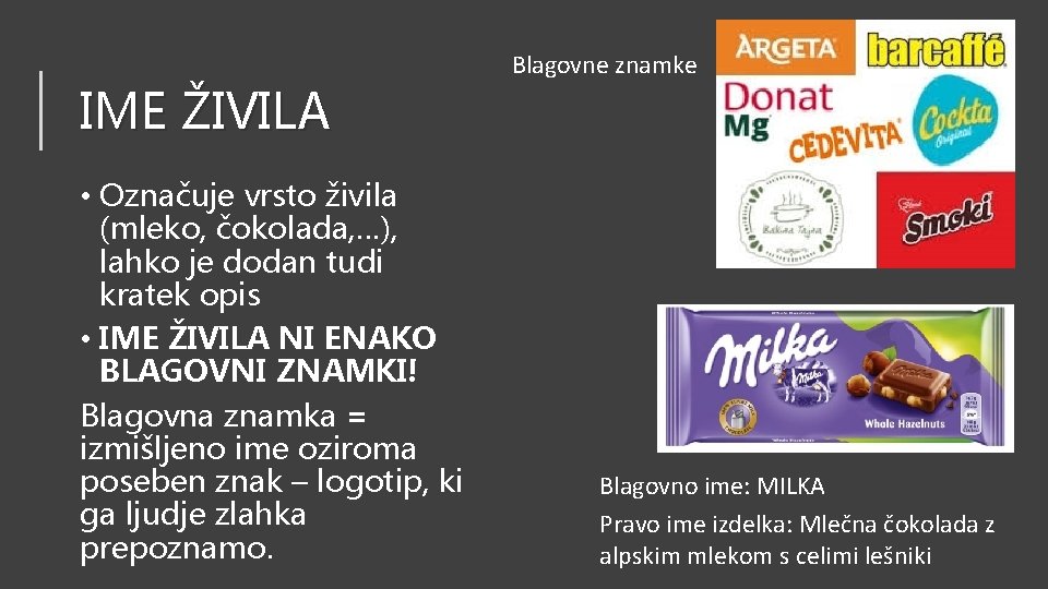 IME ŽIVILA • Označuje vrsto živila (mleko, čokolada, …), lahko je dodan tudi kratek