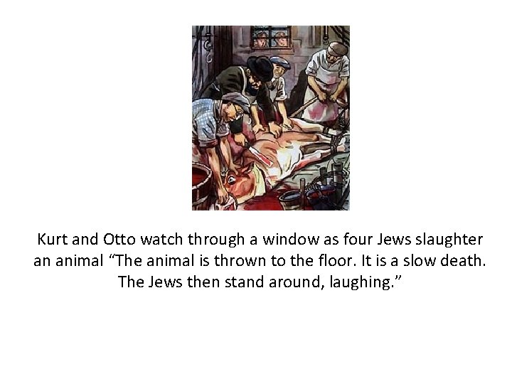 Kurt and Otto watch through a window as four Jews slaughter an animal “The